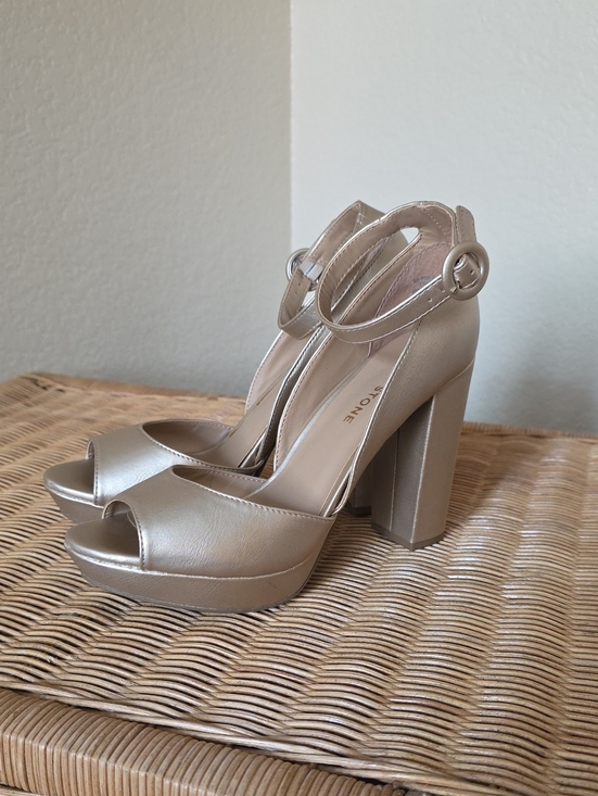 Sun + Stone Shoes - Sun + Stone Metallic Taupe Peep-Toe Platform Ankle Strap Heels